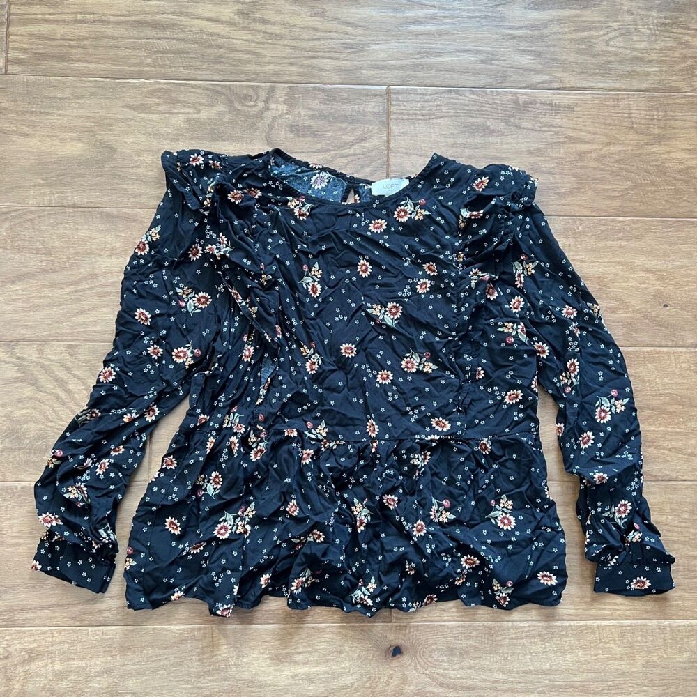 LOFT Outlet Blouse Women's Size M Black Floral Ruffle Peplum Long Sleeve